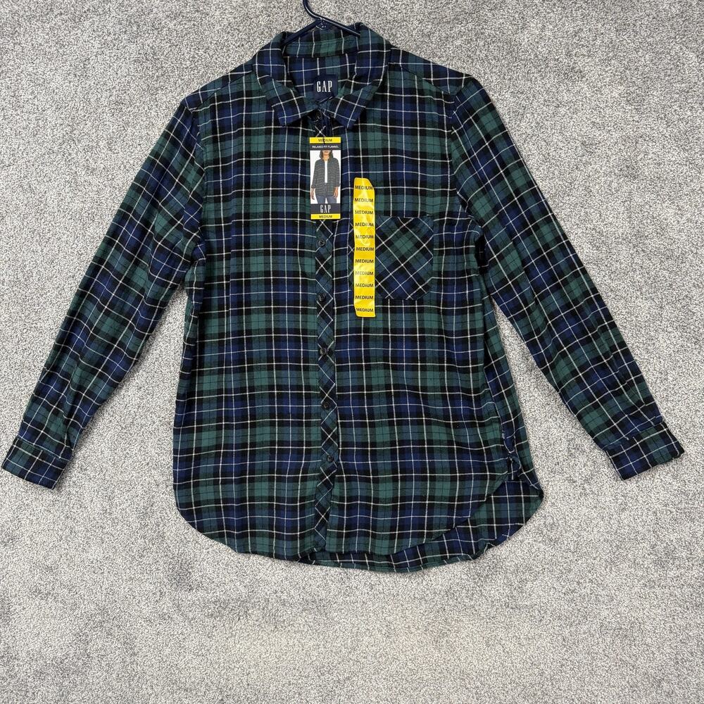 Gap Button Up Womens M Blue Green Relaxed Fit Flannel Plaid Cabincore Layering